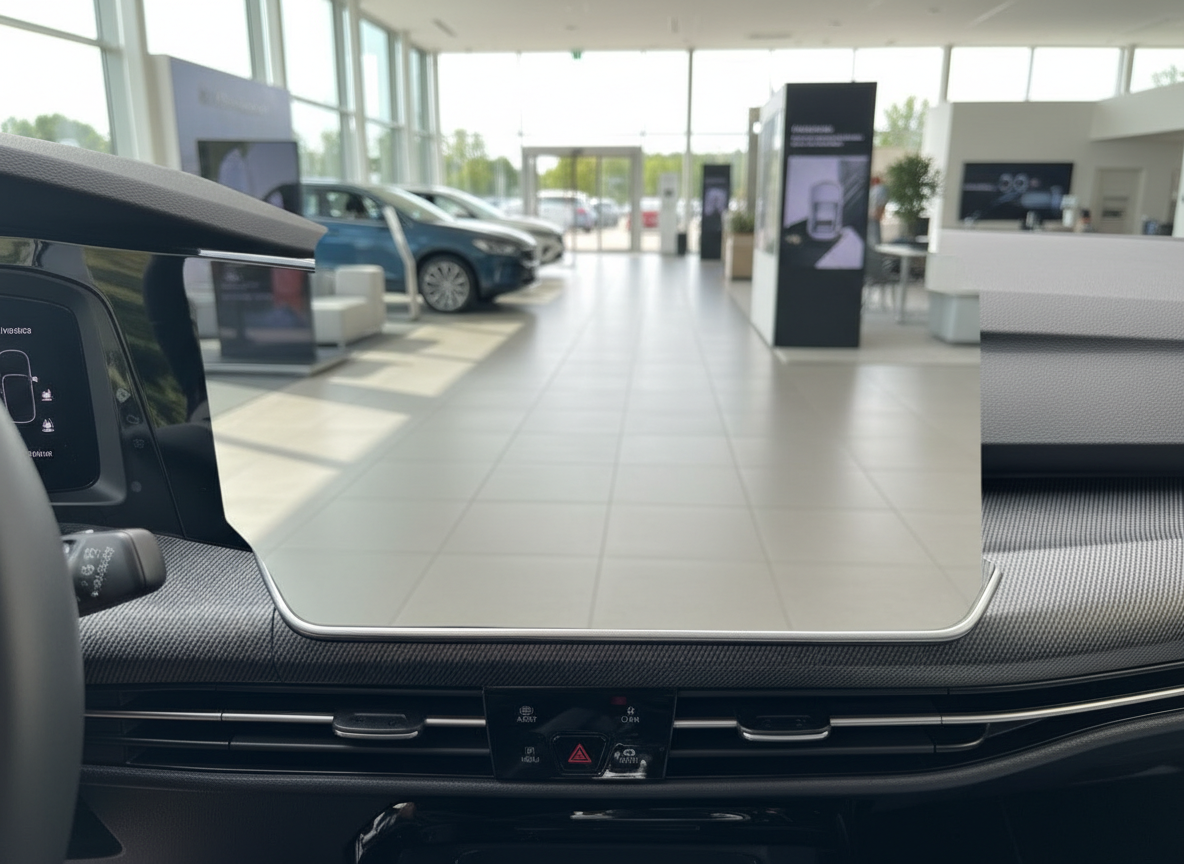 Volkswagen Fahrzeuginnenraum mit Touchscreen-Display im Autohaus