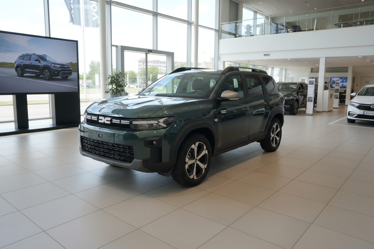 Dacia Duster SUV in Dunkelgrün im Autohaus Showroom – Frontansicht schräg