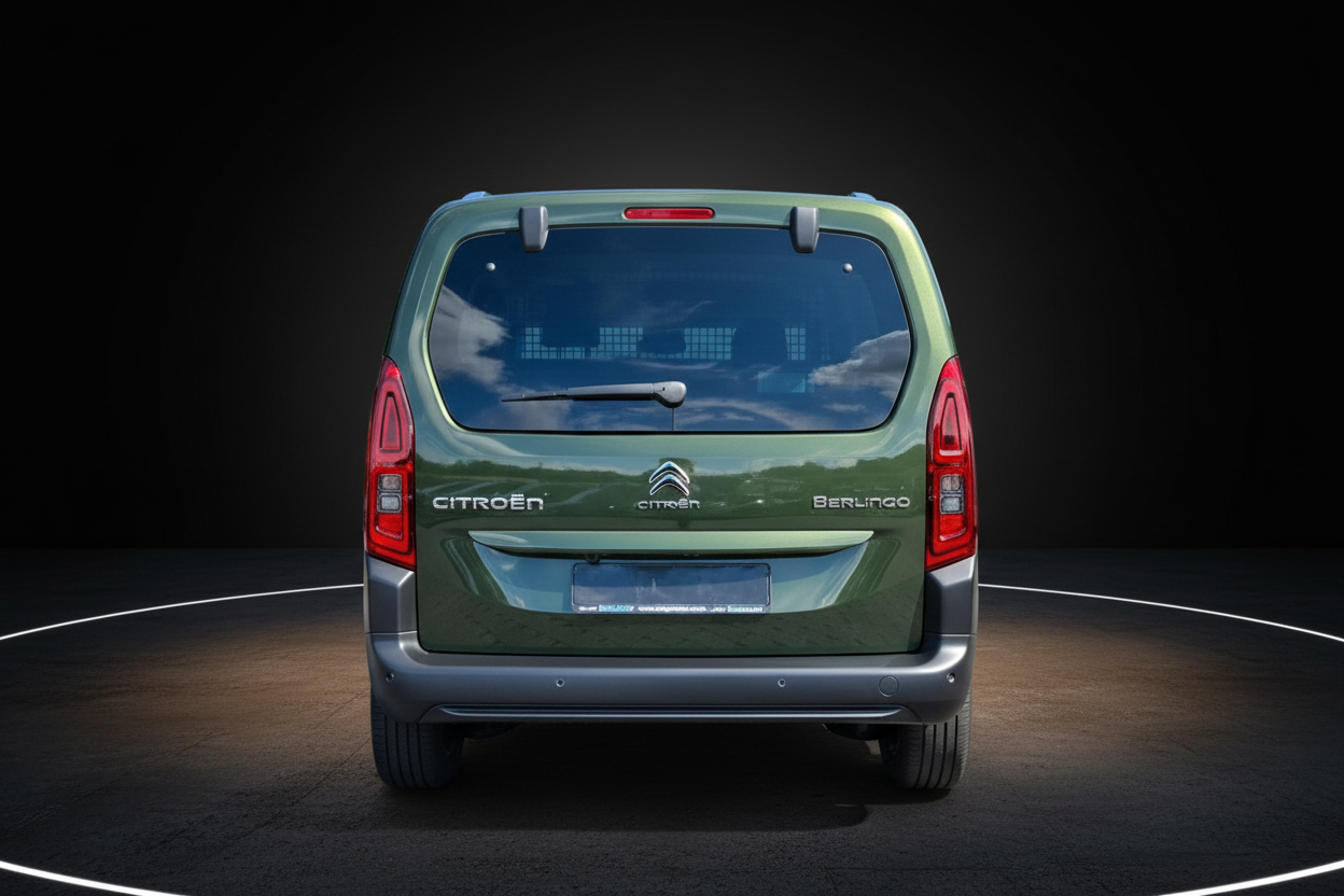 Citroën Berlingo in Olivgrün – Heckansicht mit LED-Rückleuchten und Heckklappe