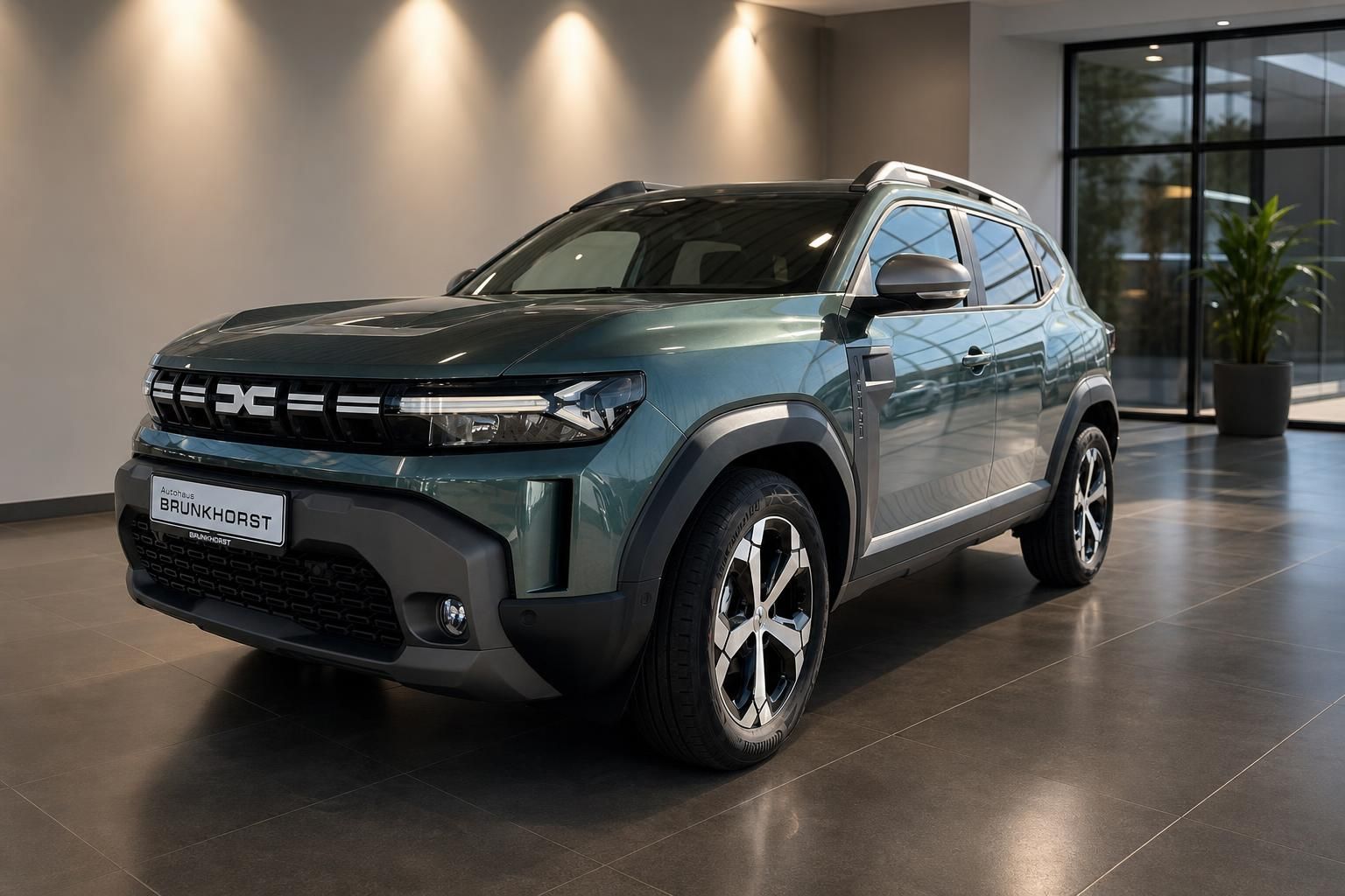 Dacia Duster SUV in grüner Metallic-Lackierung im Autohaus Showroom - Schrägansicht vorne links