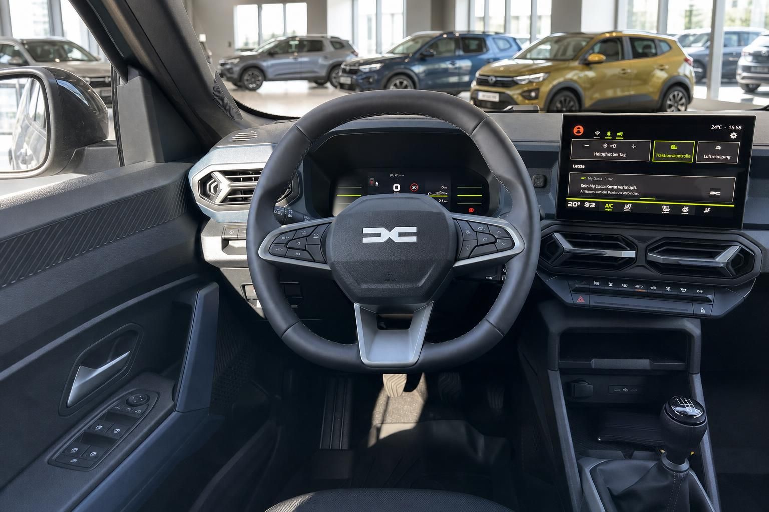 Fahrzeug Innenraum mit Lenkrad, Armaturenbrett und Touchscreen Display im modernen Design