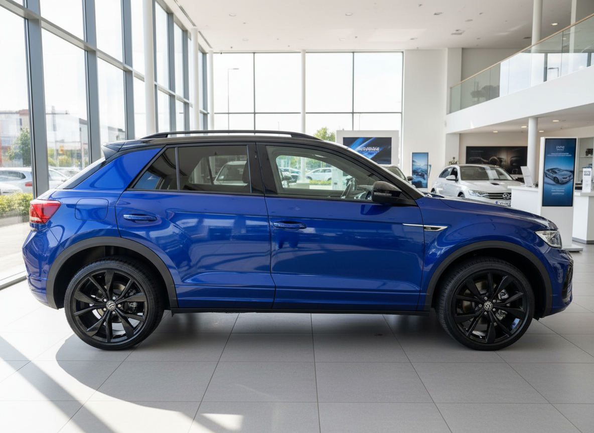 Blauer Volkswagen T-Roc R-Line mit schwarzen Felgen im Autohaus-Showroom