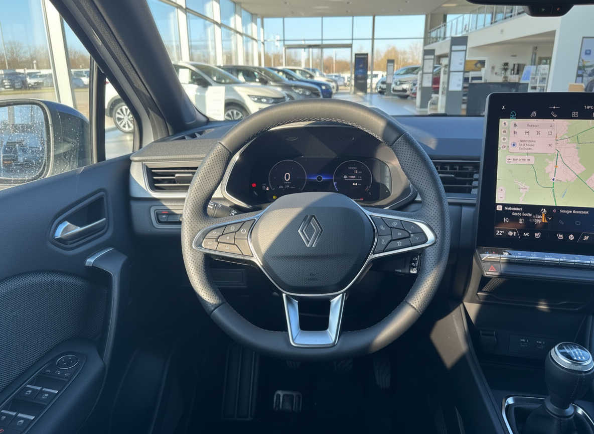 Renault Innenraum mit Lederlenkrad, digitalem Cockpit und großem Touchscreen-Navigationssystem