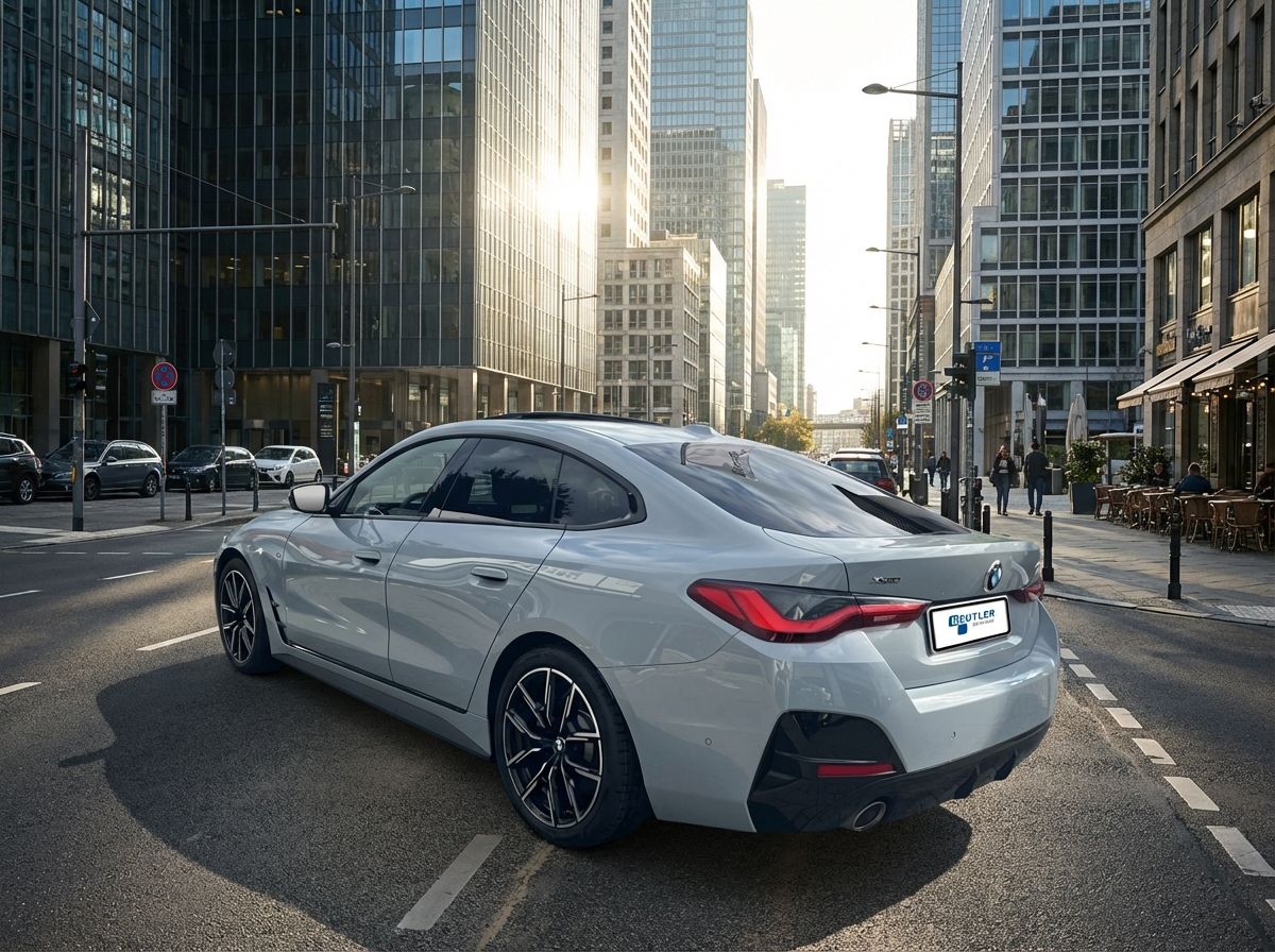 BMW 4er Gran Coupé in Grau im Showroom des Autohauses Beutler - Heckansicht des eleganten Sportwagens mit markanten LED-Rückleuchten und sportlichen Felgen