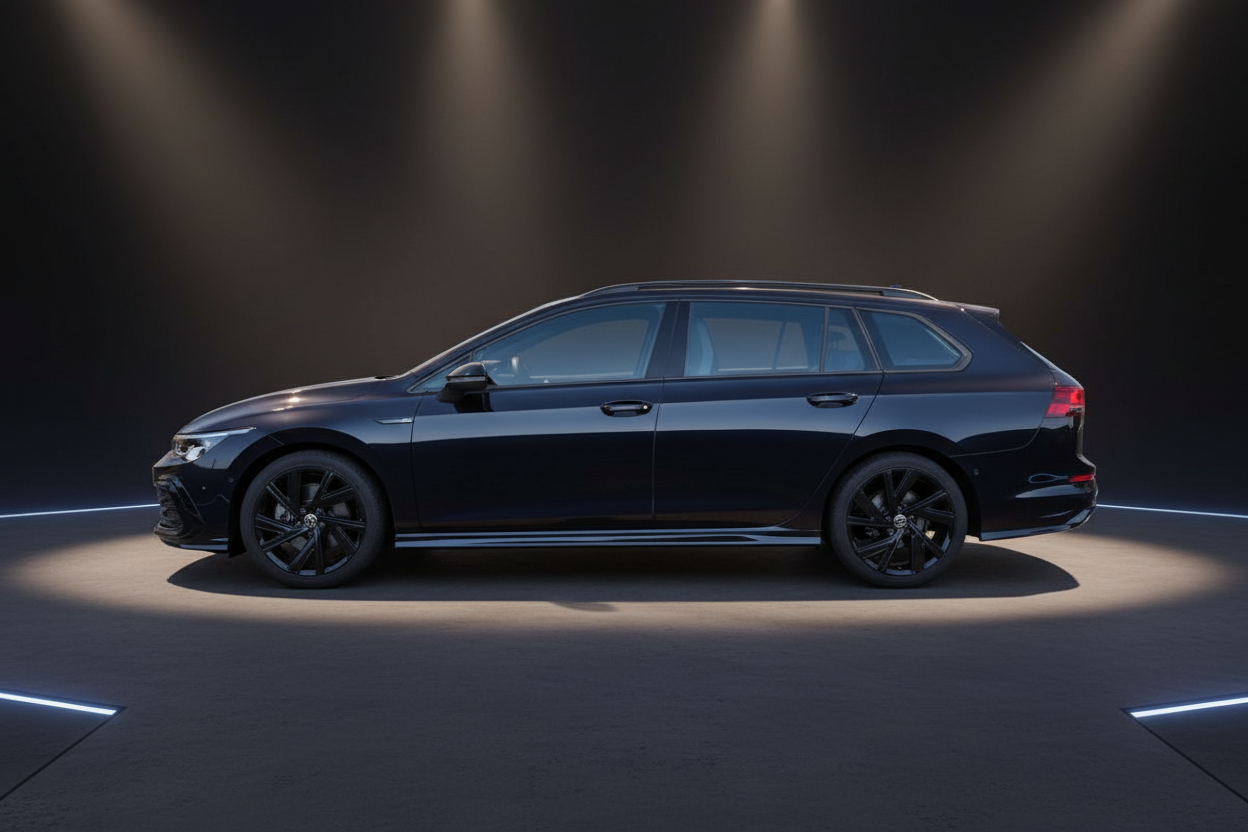 Volkswagen Passat Variant in Dunkelblau, Seitenansicht auf dunklem Studiohintergrund