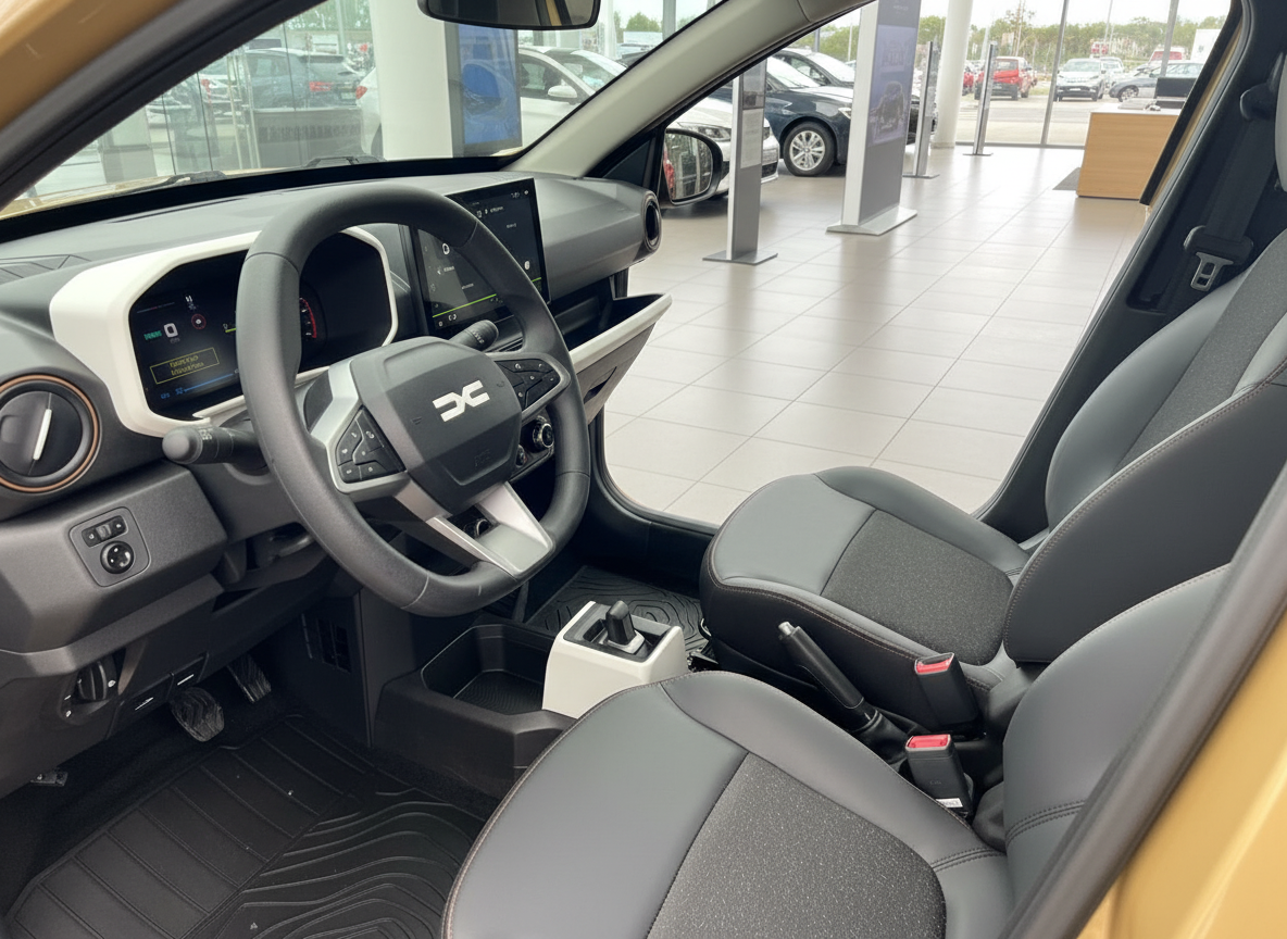 Dacia Innenraum mit modernem Cockpit, Lenkrad mit DC-Logo, digitale Instrumente und schwarze Lederausstattung