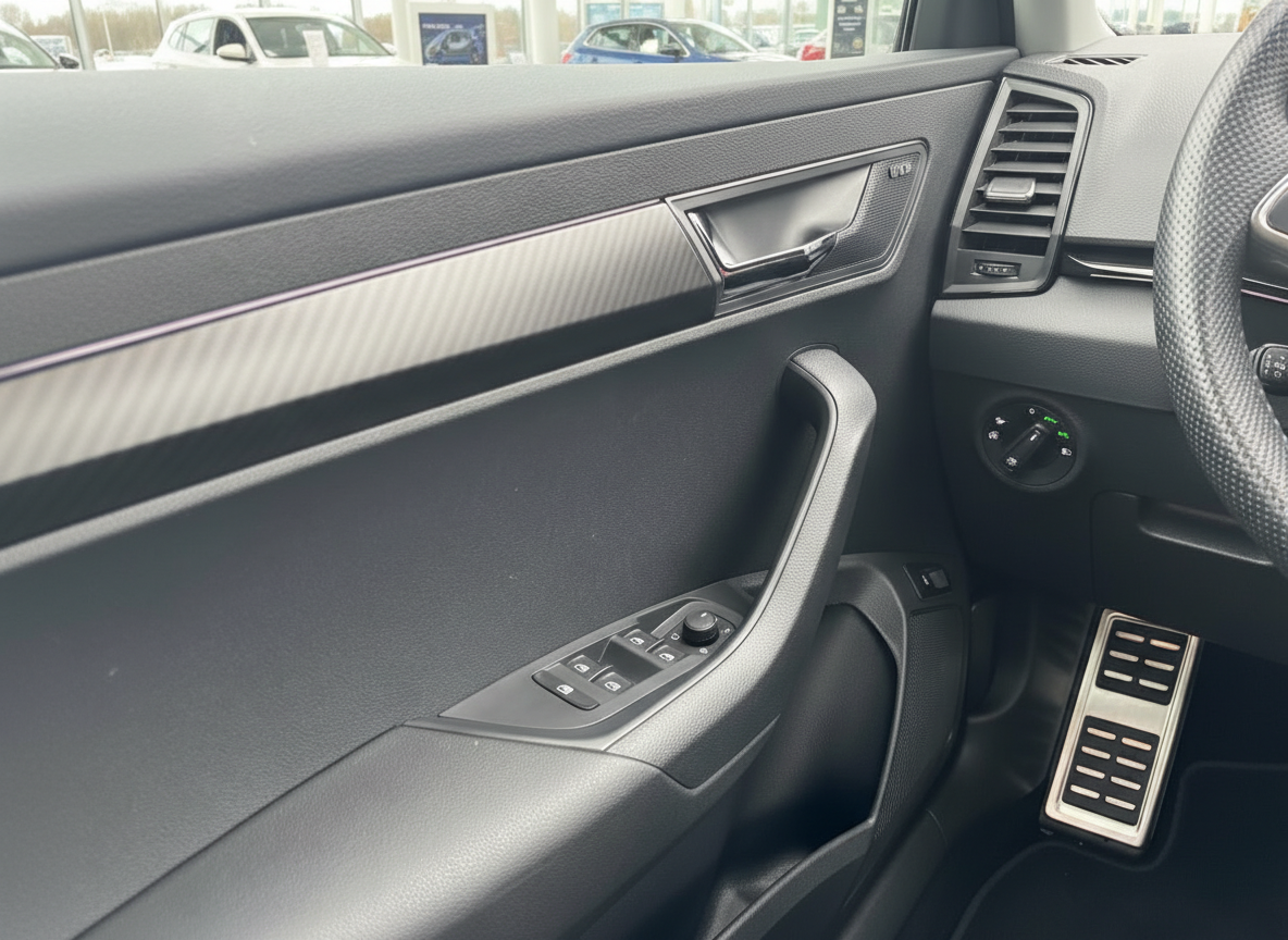 VW Golf Innenraum Fahrerseite mit Türverkleidung, Fensterheber und Aluminium-Pedalerie