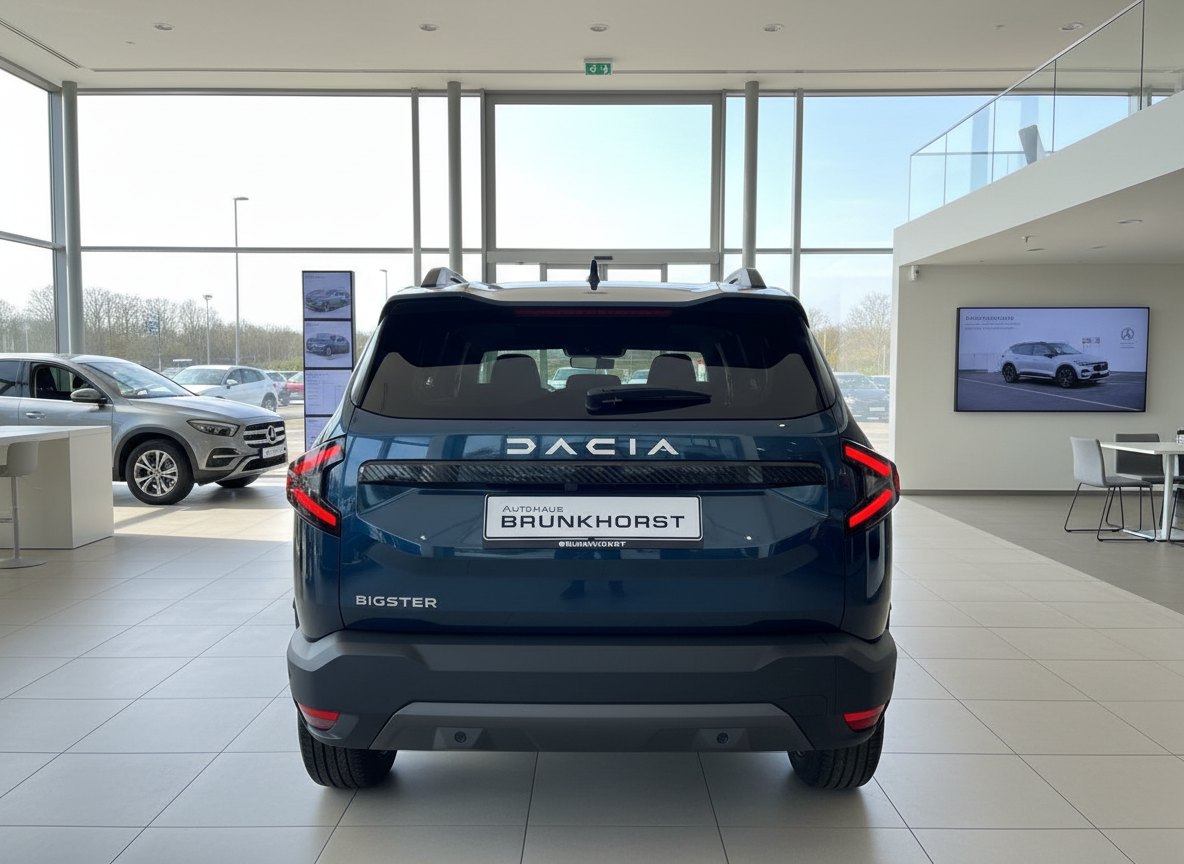 Dacia Bigster SUV in Dunkelblau Heckansicht im Autohaus Brunkhorst Showroom