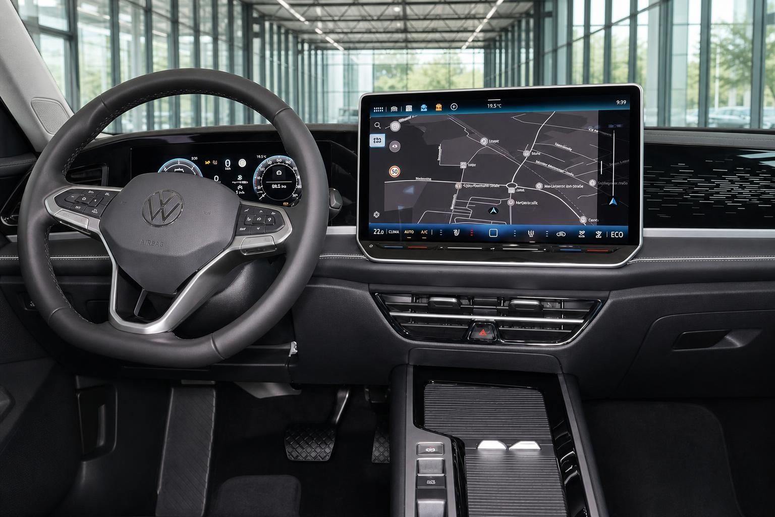 VW Cockpit mit Lenkrad und digitalem Navigationsdisplay im Innenraum