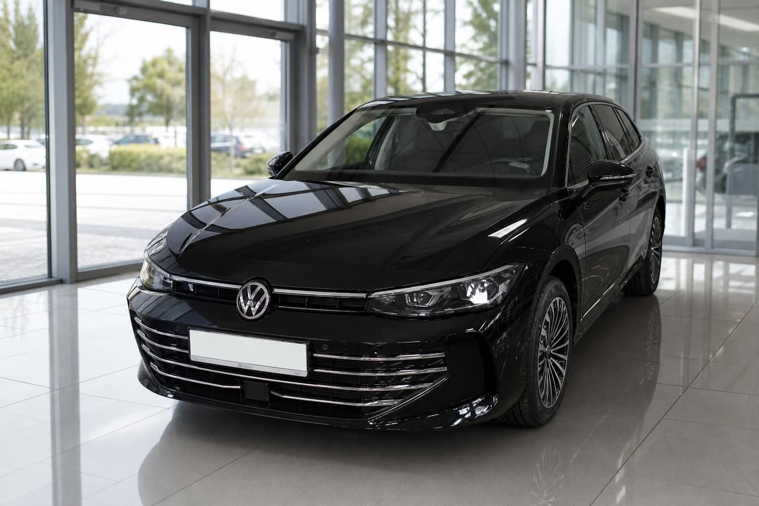 VW Passat Variant schwarz, Frontansicht im Autohaus Showroom