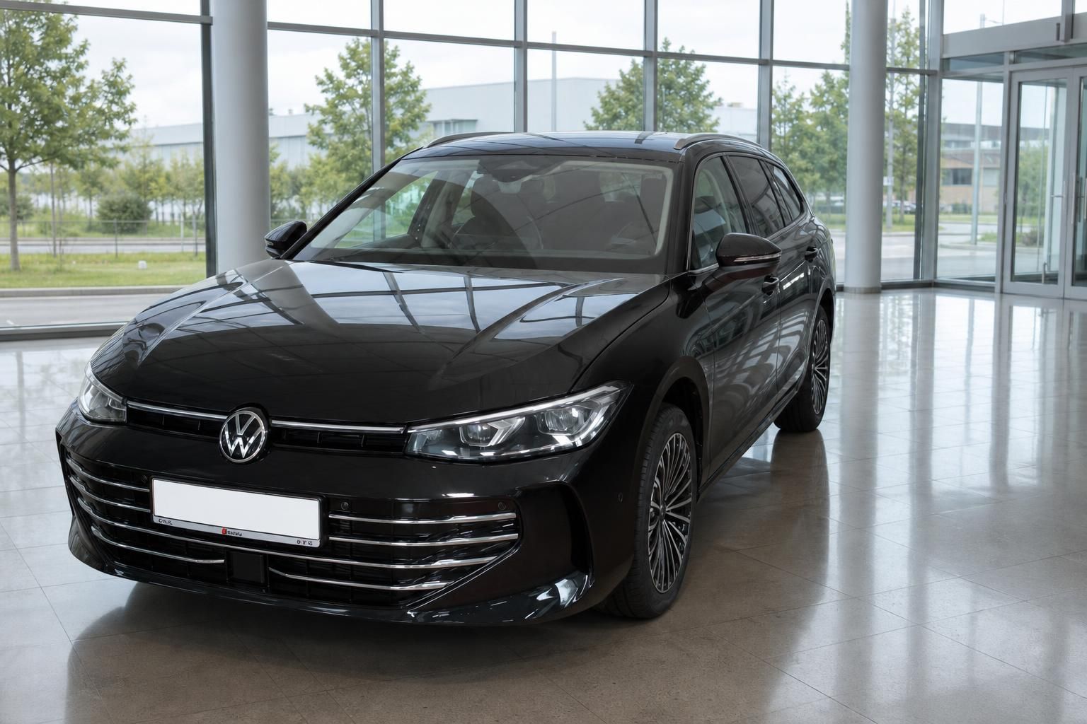 Volkswagen Passat schwarz, Front- und Seitenansicht im Showroom