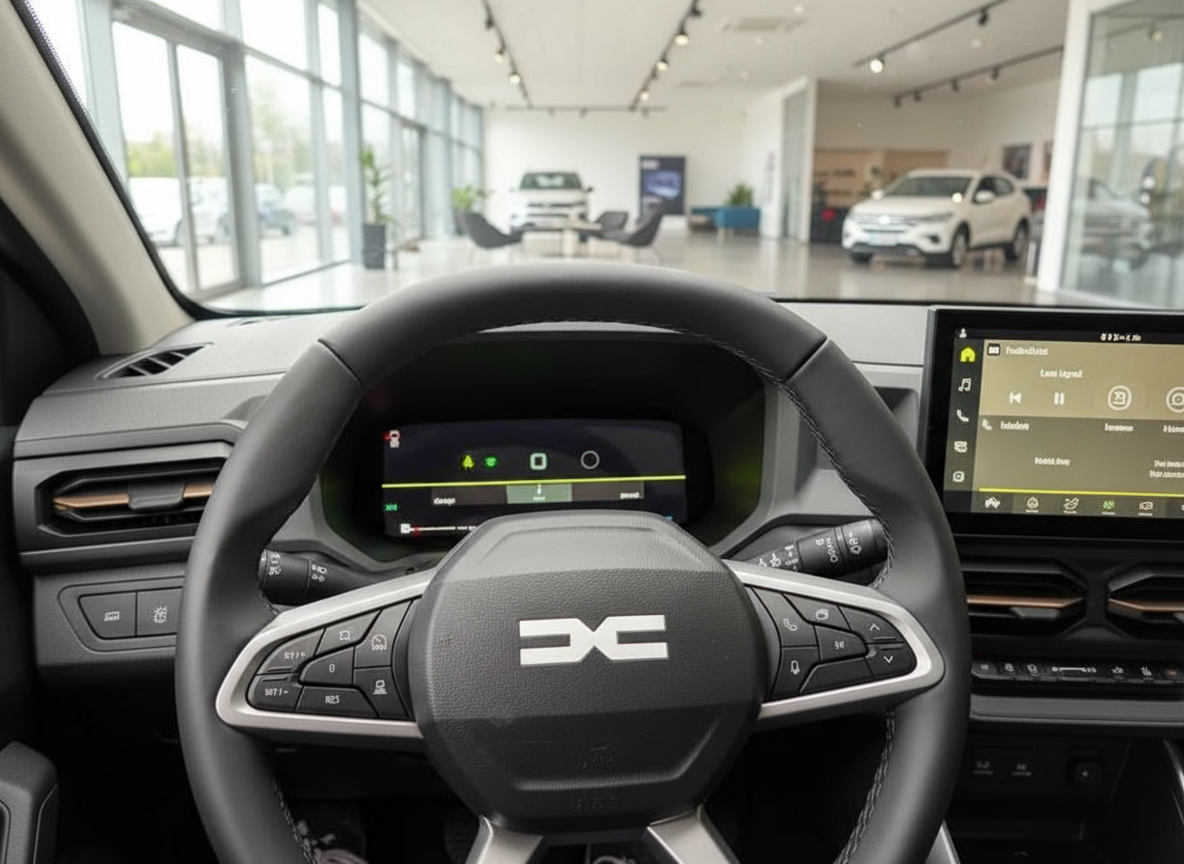 Dacia Innenraum mit Lenkrad, digitalem Cockpit und Infotainment-Display im Autohaus