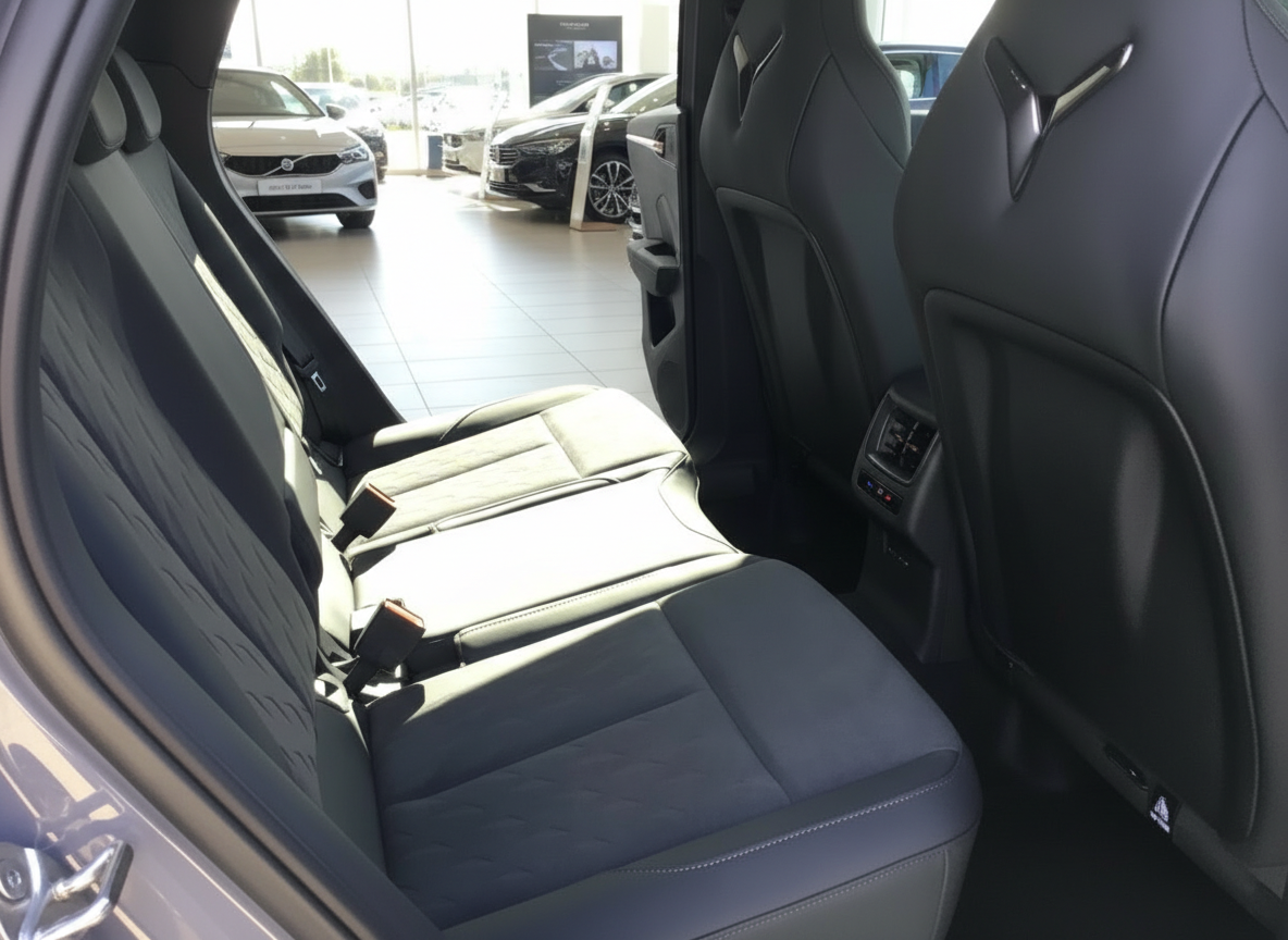 Schwarze Leder-Rücksitzbank eines modernen Fahrzeugs im Autohaus