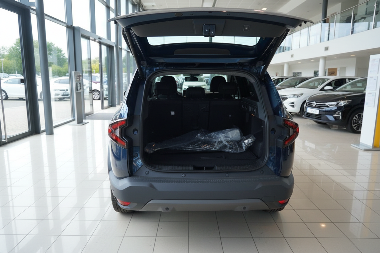 Blauer SUV mit geöffneter Heckklappe im Autohaus – Kofferraum Ansicht von hinten