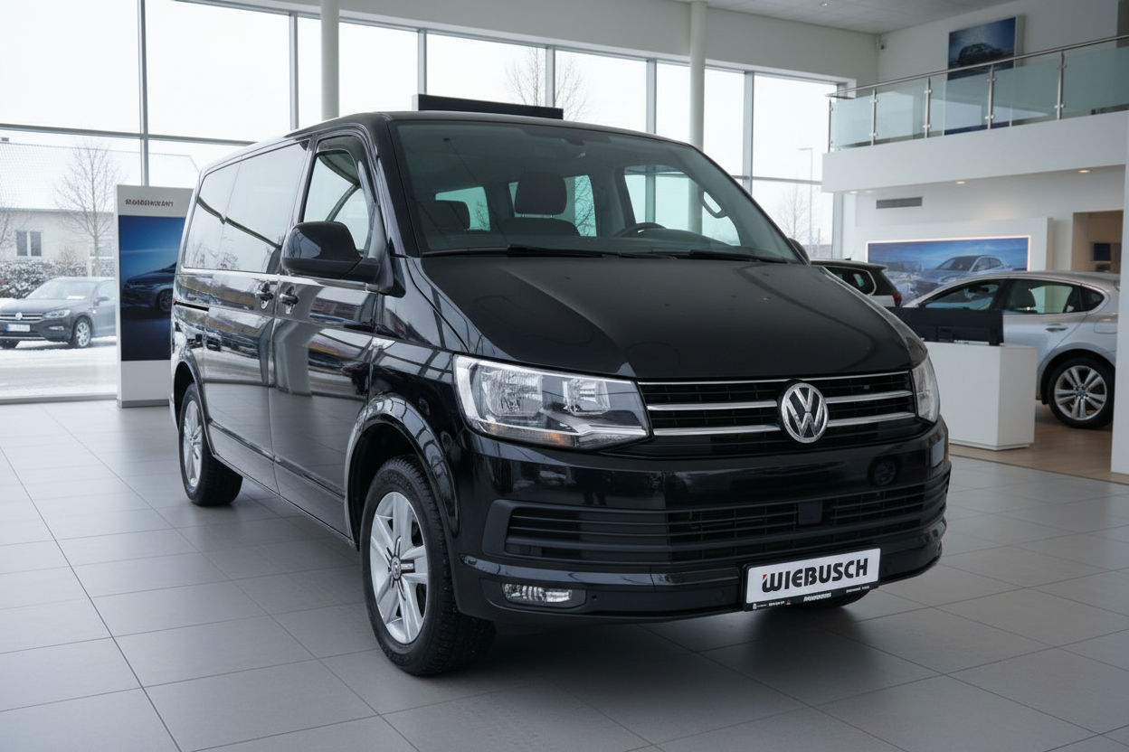 Schwarzer VW Transporter T6 in VW-Autohaus Wiebusch – Frontansicht