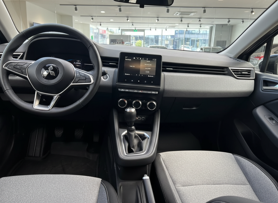 Mitsubishi Innenraum mit Lenkrad, Touchscreen-Infotainment und Schaltgetriebe in hellem Grau