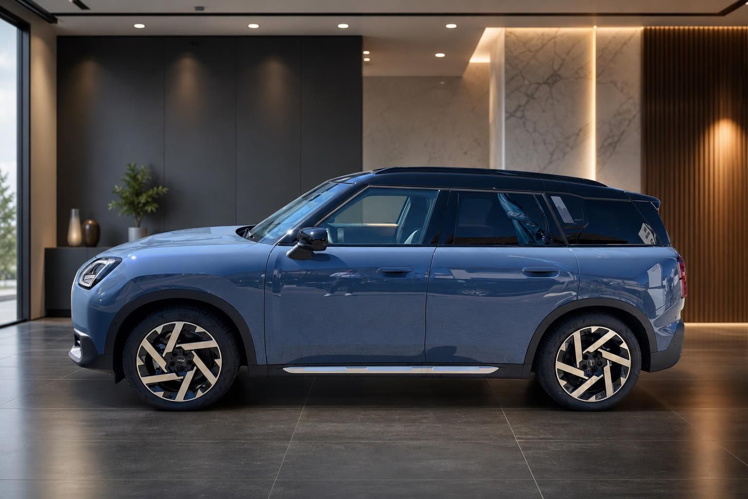 MINI Countryman blau, Seitenansicht im modernen Showroom