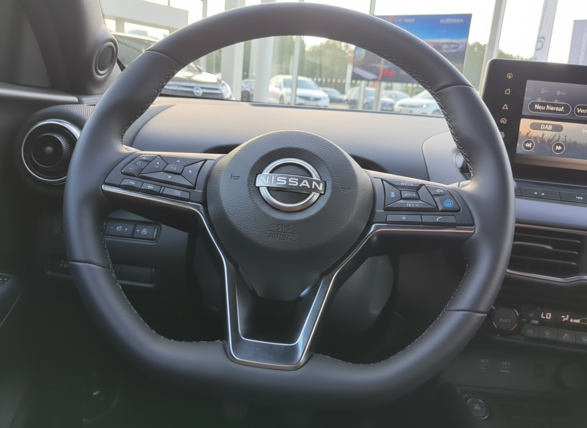 Nissan Lenkrad Innenraum mit Multifunktionstasten und Touchscreen-Display im Autohaus