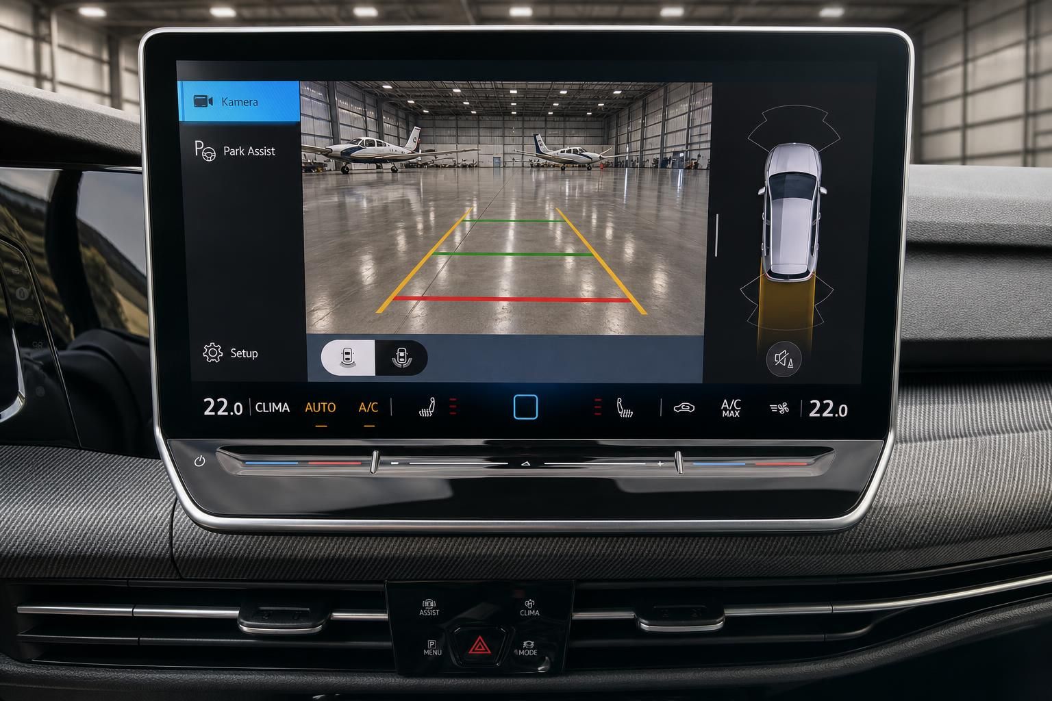 Fahrzeug Infotainment-Display mit Rückfahrkamera und Park Assist System