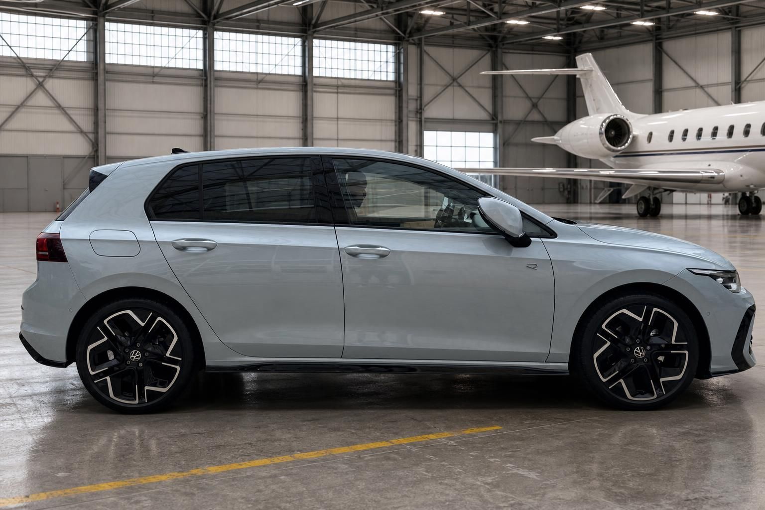 Volkswagen Golf weiss Seitenansicht rechts mit Privatjet im Hintergrund - Kompaktwagen