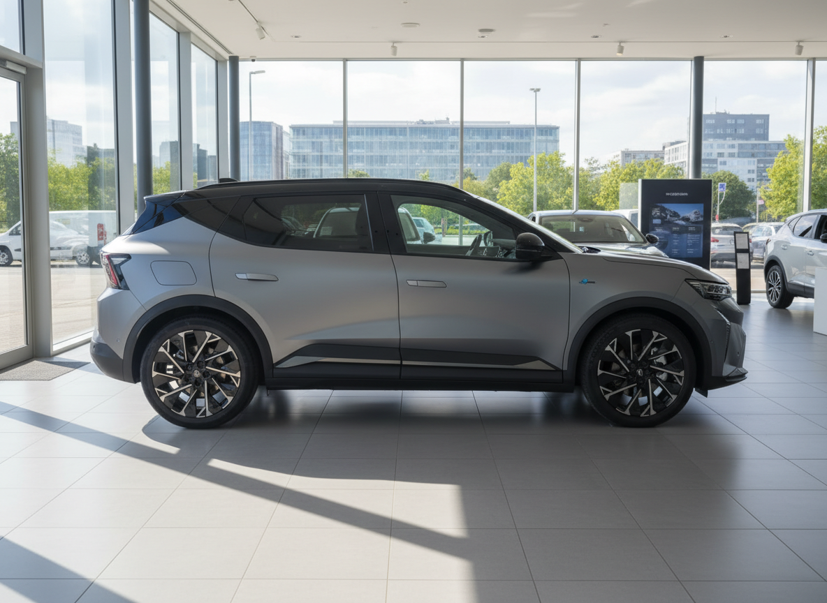 Grauer SUV in modernem Autohaus-Showroom, Seitenansicht mit schwarzem Dach und Leichtmetallfelgen