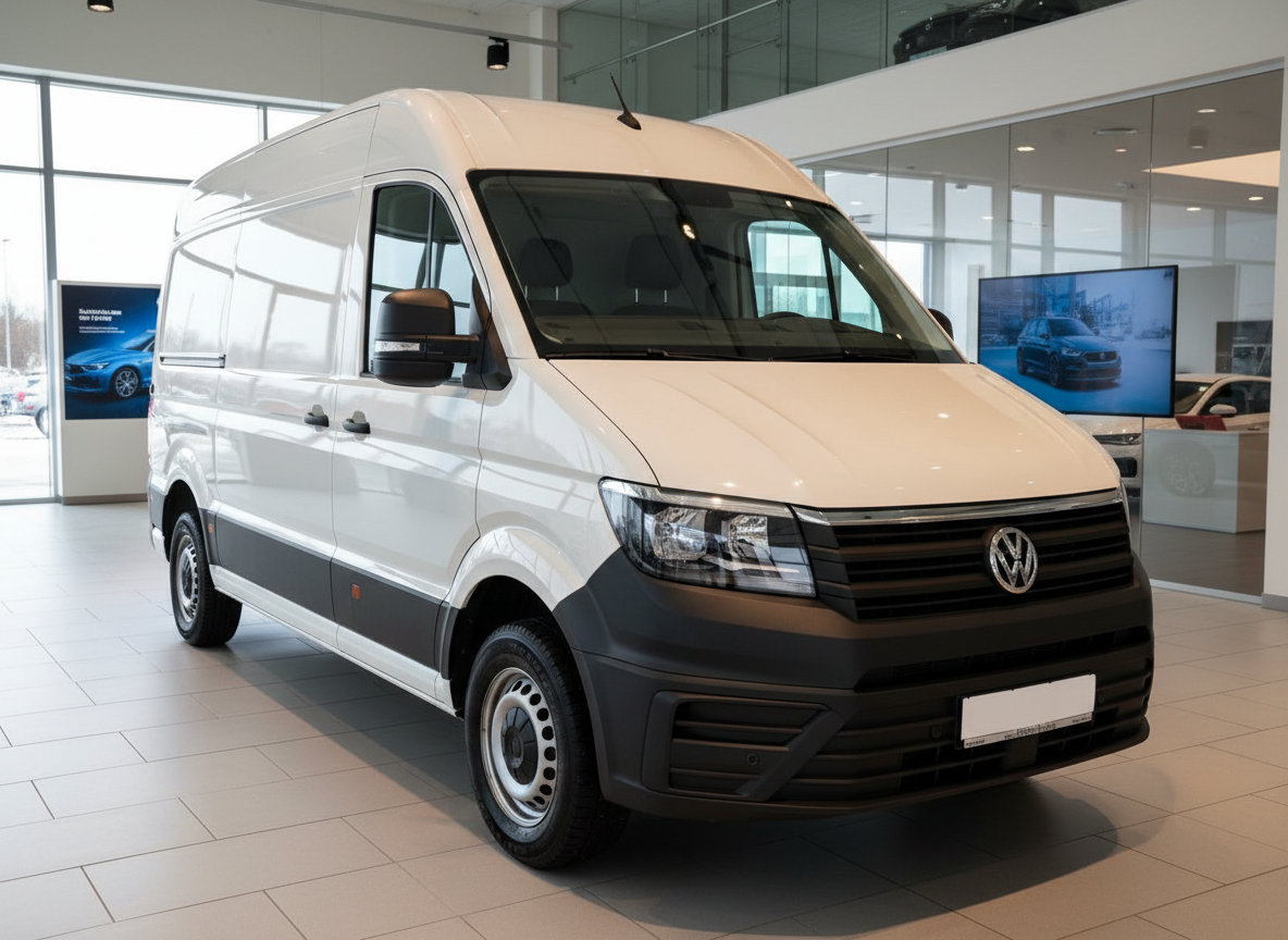 Weißer Volkswagen Crafter Kastenwagen Hochdach im Autohaus Showroom