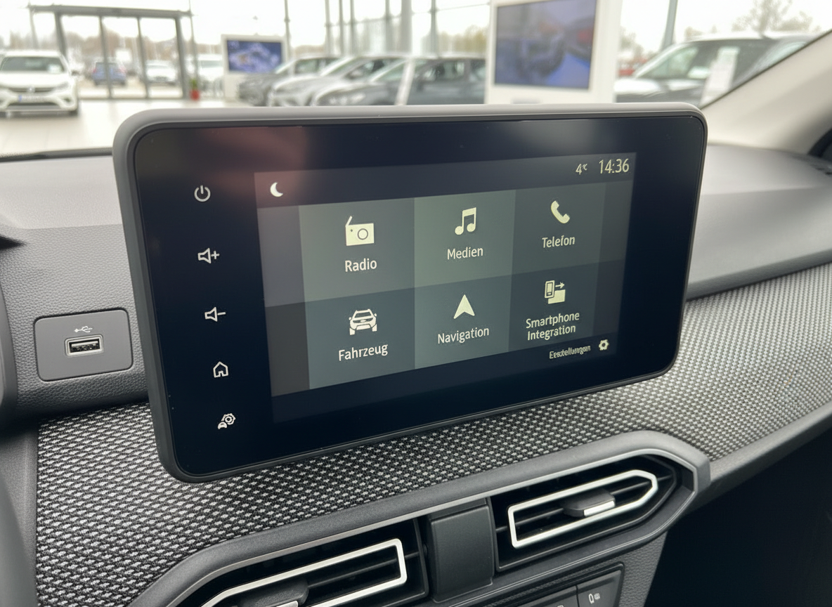 Infotainment-Touchscreen im Dacia mit Navigation, Radio, Medien und Smartphone Integration
