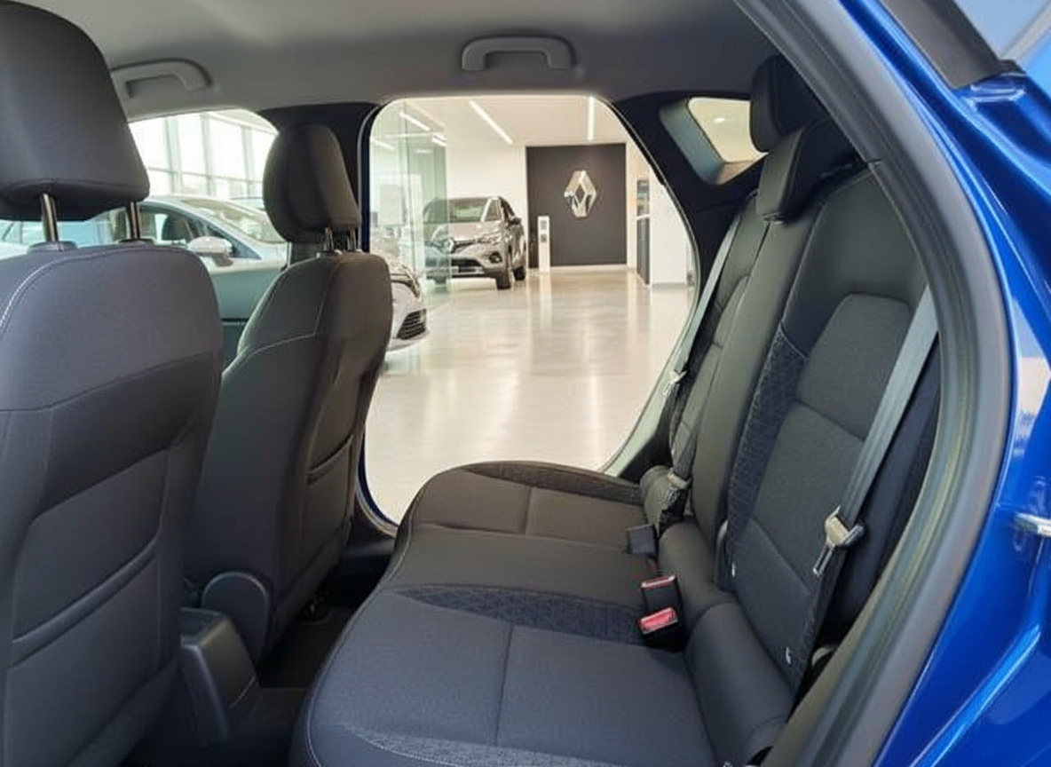 Renault Innenraum Rücksitzbank in schwarz – Blick in Autohaus mit Renault Logo