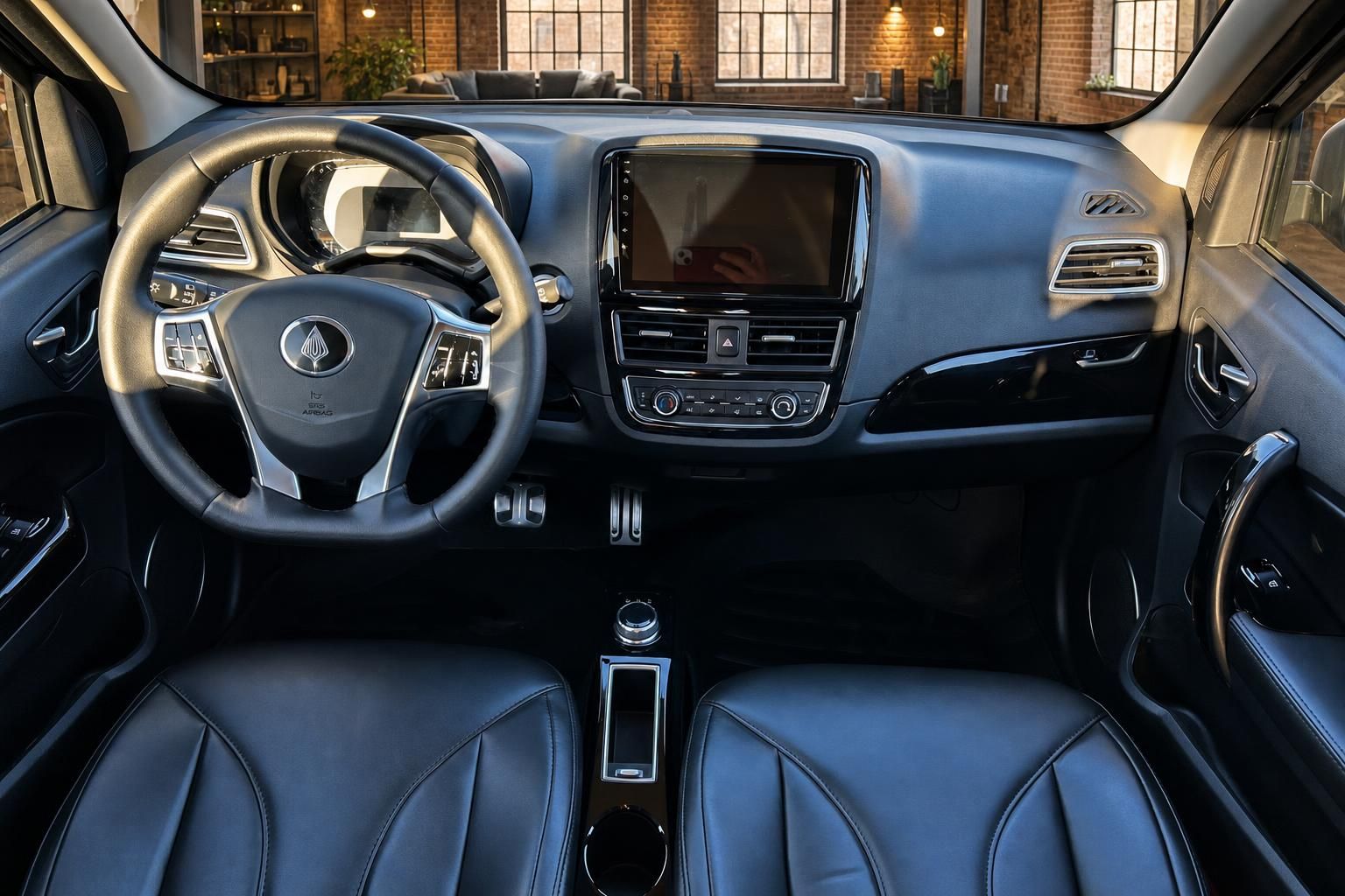 Auto Innenraum Vogelperspektive Lenkrad Armaturenbrett Touchscreen schwarze Ledersitze