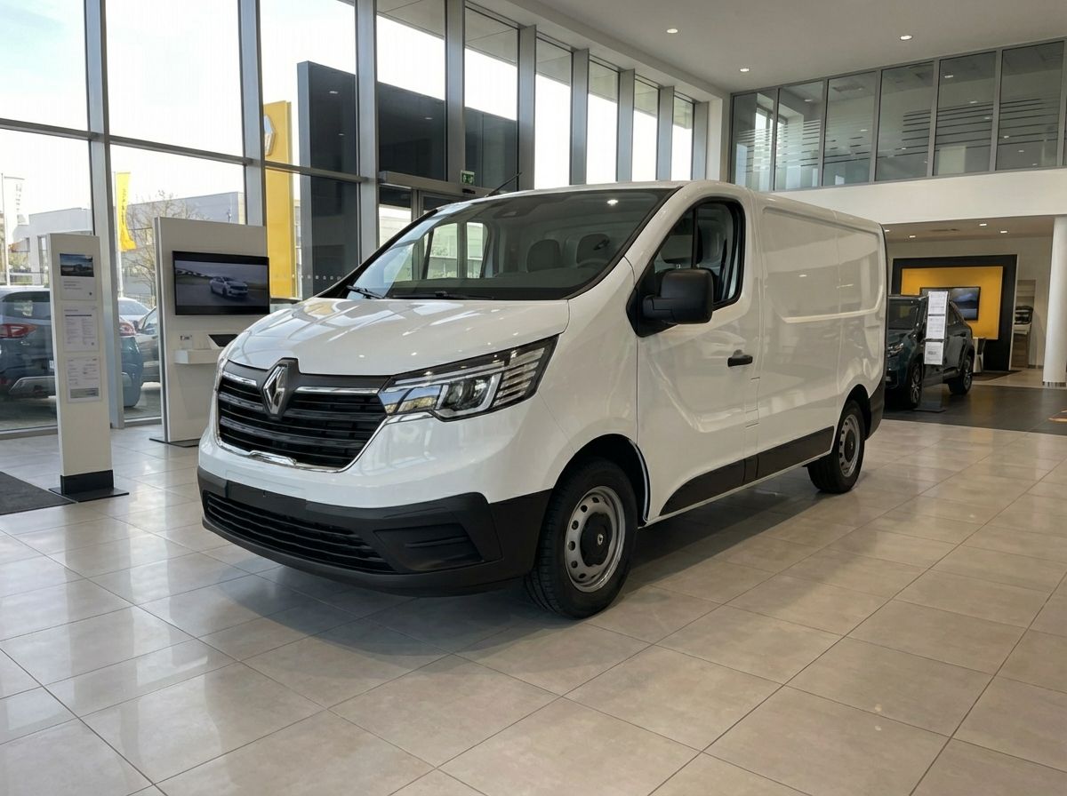 Weißer Renault Trafic Kastenwagen im Autohaus Showroom – Frontansicht