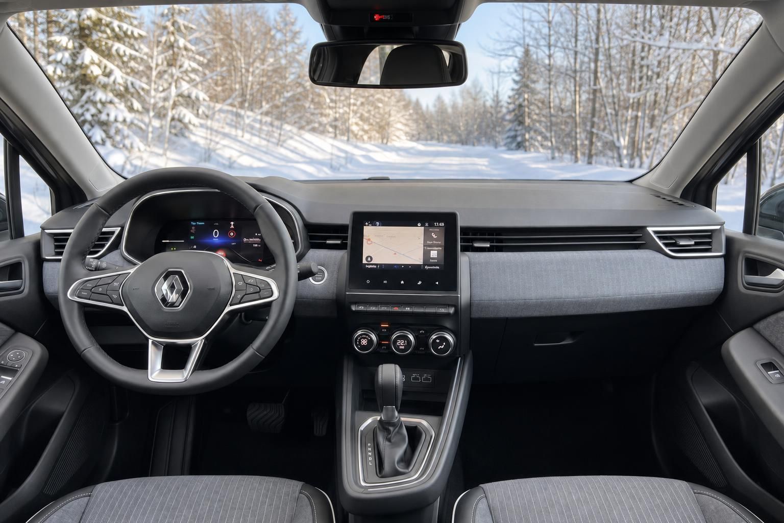 Renault Clio Innenraum mit digitalem Cockpit, Touchscreen und Winterlandschaft