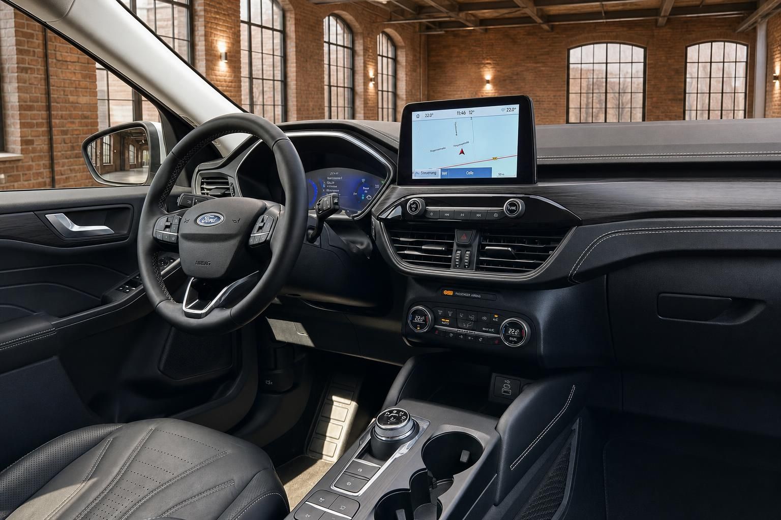 Ford Cockpit mit Navigationssystem und schwarzem Lederinterieur