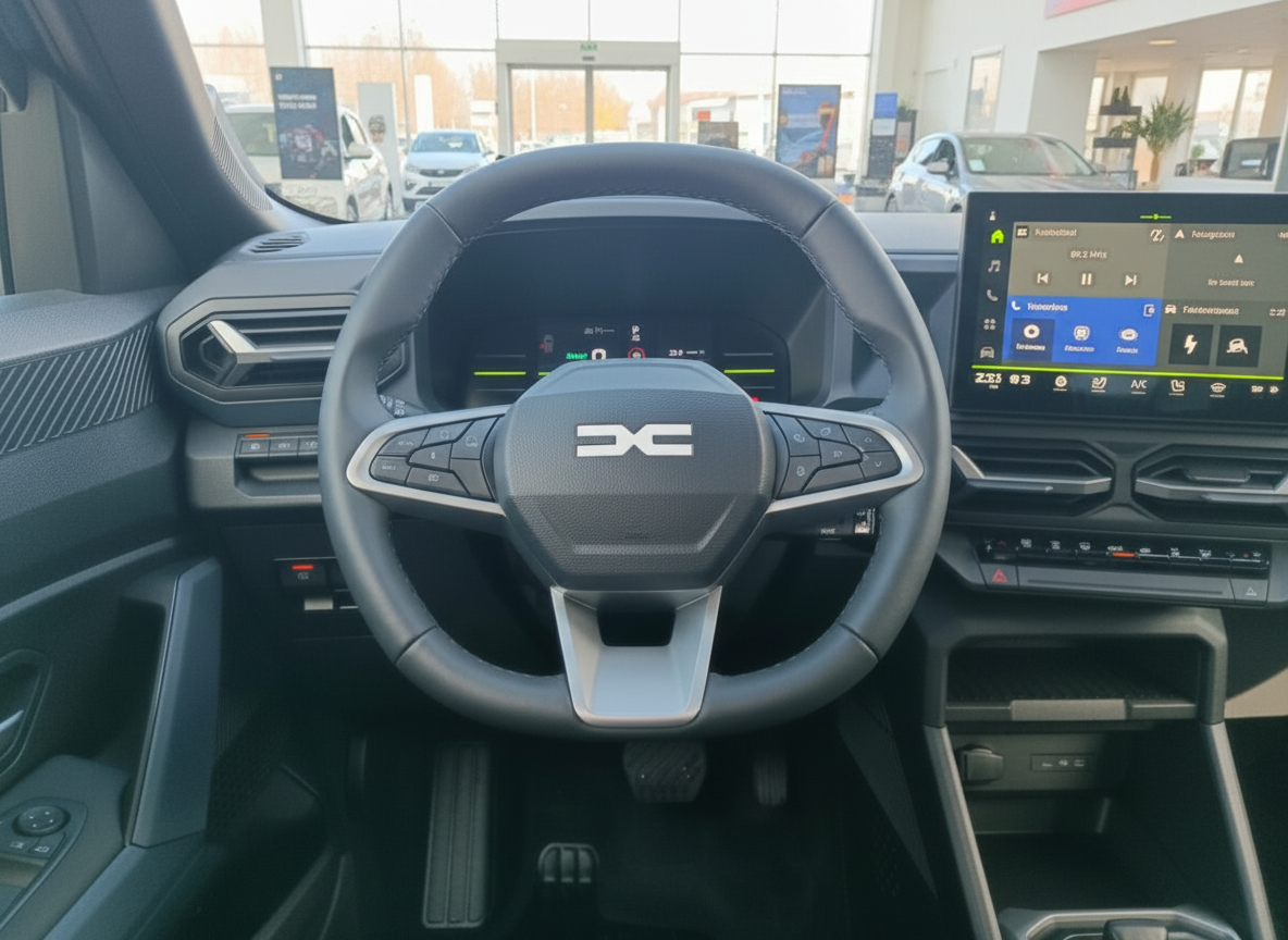 Dacia Innenraum mit Lenkrad und digitalem Cockpit im Autohaus