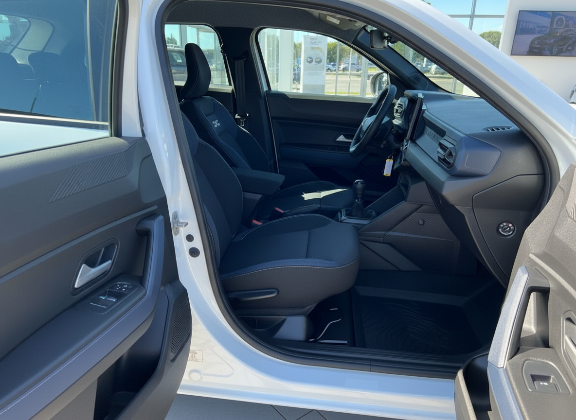 Fahrzeug Innenraum mit schwarzen Ledersitzen und modernem Cockpit im Autohaus