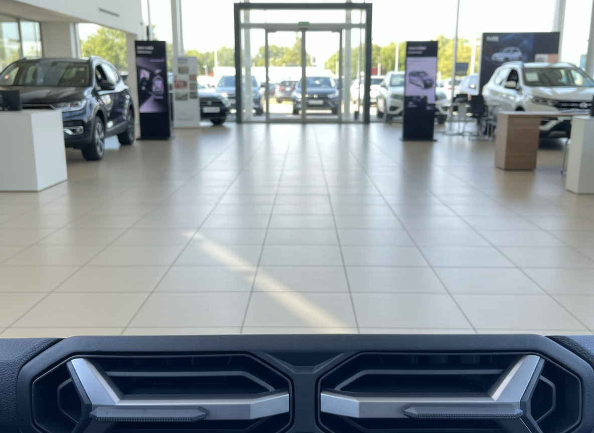 Fahrzeuginnenraum mit Armaturenbrett-Lüftungsdüsen in modernem Autohaus-Showroom