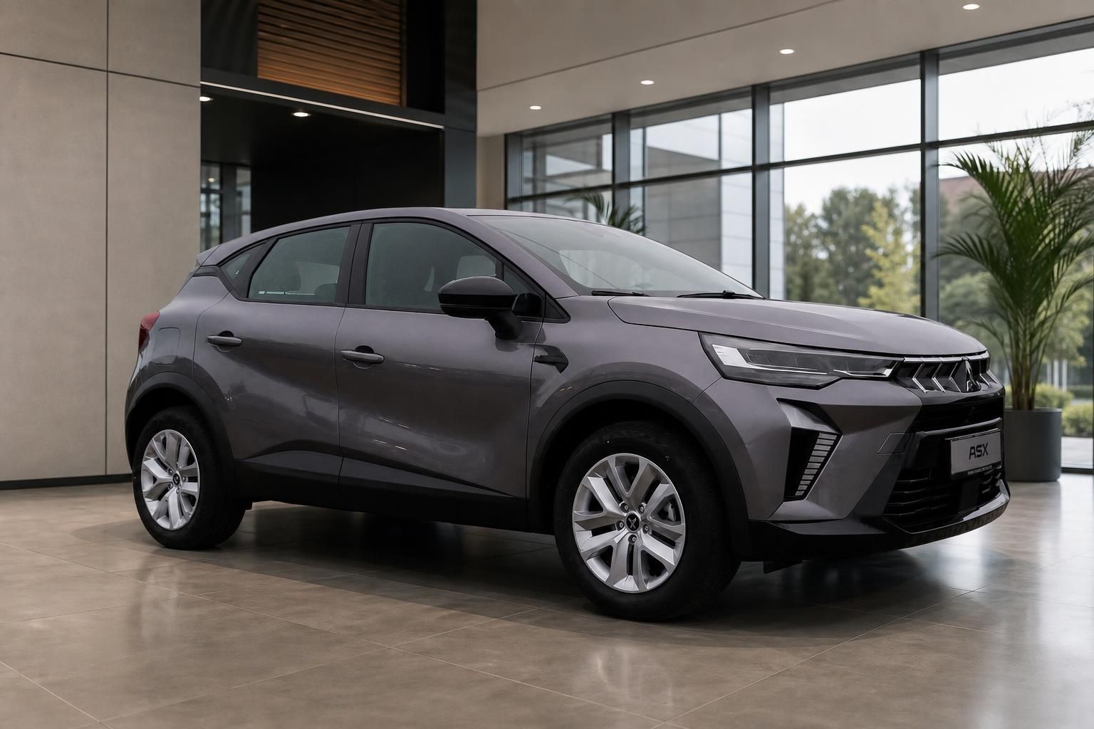 Mitsubishi ASX Grau, Seiten-Frontansicht im Showroom