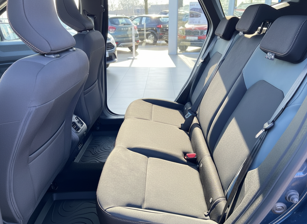 Fahrzeug Innenraum Rücksitzbank mit schwarzen Stoffsitzen und Sicherheitsgurten im Autohaus