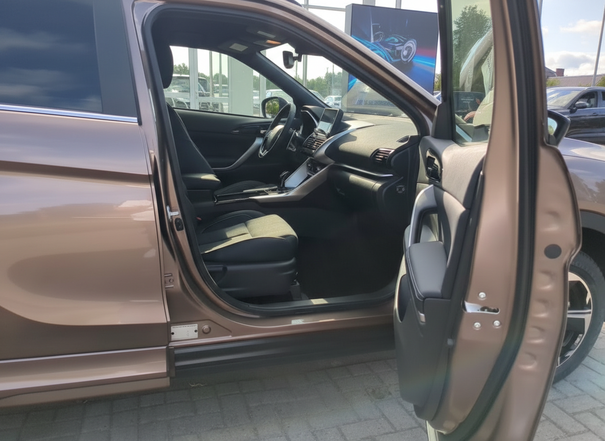 Innenraum eines bronze-braunen Fahrzeugs mit geöffneter Beifahrertür und schwarzer Lederausstattung beim Händler