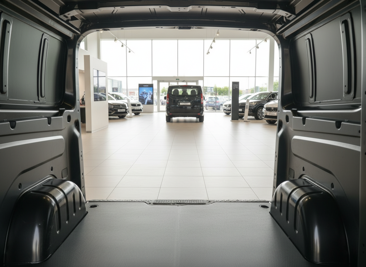 Laderaumansicht eines Mercedes-Benz Vans im Autohaus mit geöffneter Heckklappe