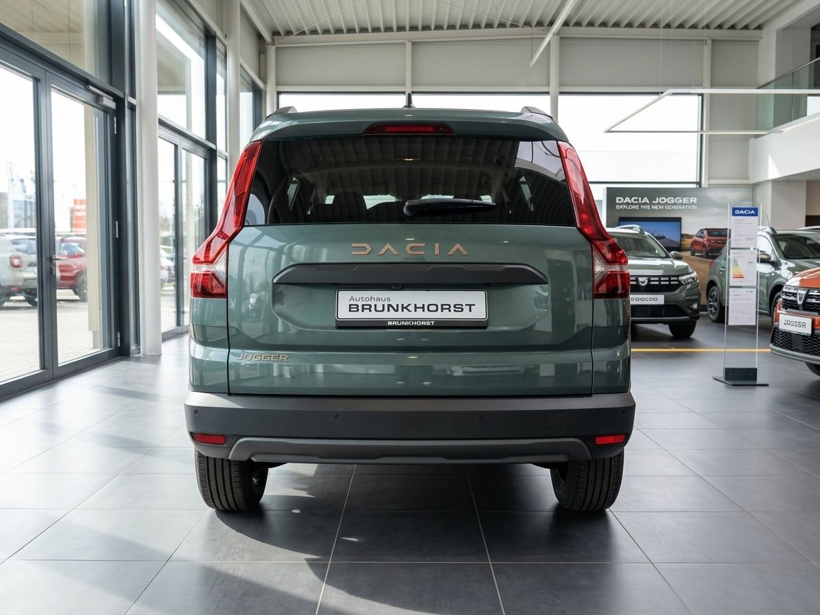 Dacia Jogger Heckansicht in grün im Autohaus - Rückleuchten und Kennzeichenhalter sichtbar