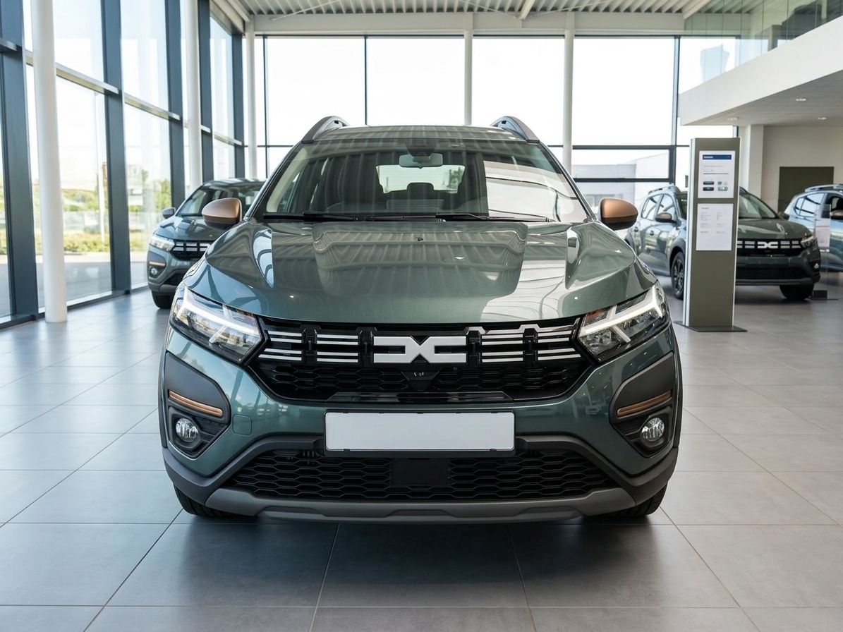 Grüner Dacia SUV Frontansicht im Showroom - moderne LED-Scheinwerfer und Kühlergrill