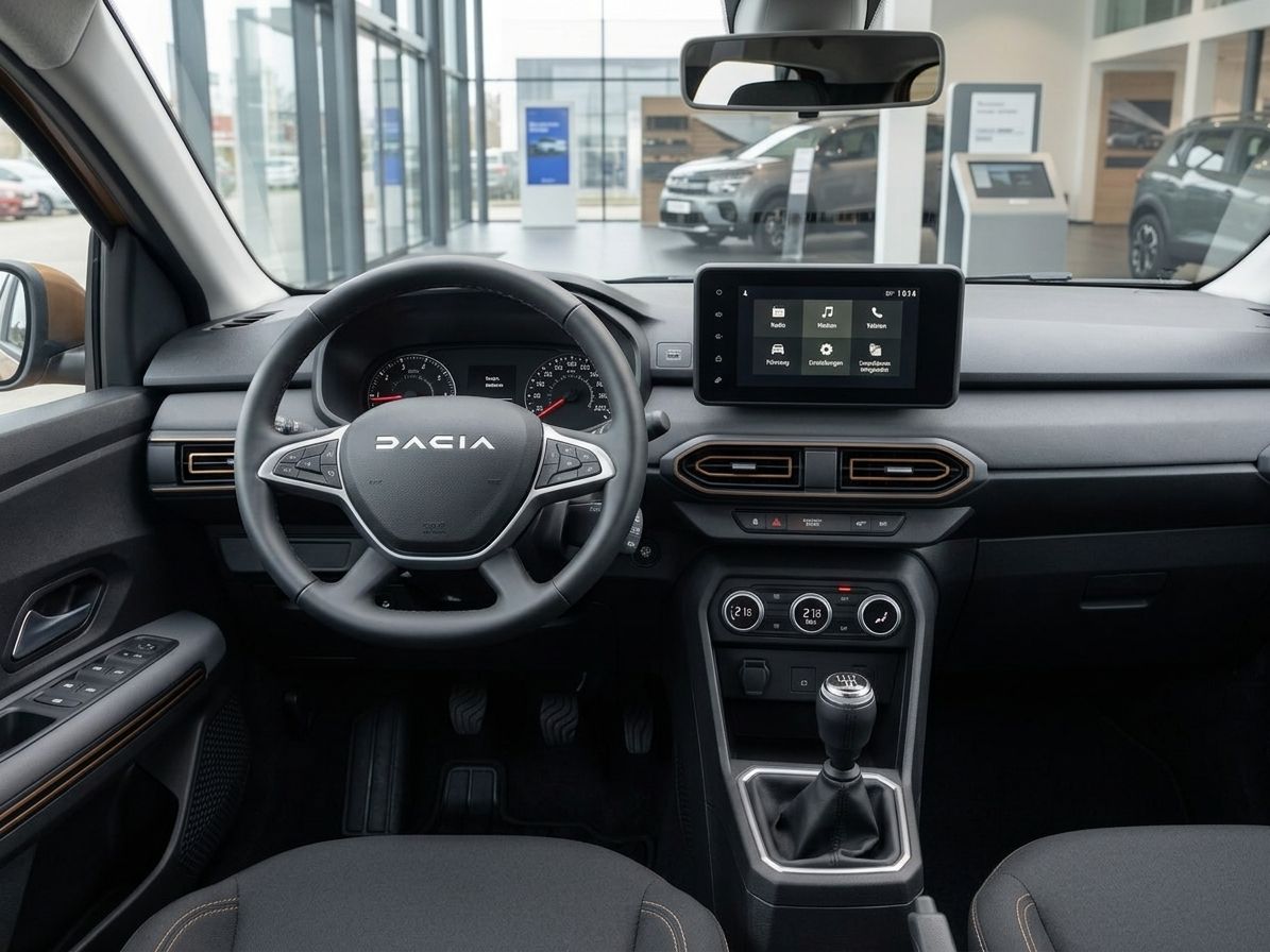 Dacia Innenraum mit Lenkrad, Touchscreen-Display und manueller Schaltung im Autohaus