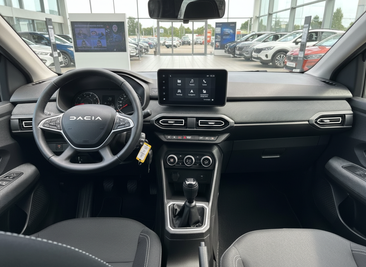 Dacia Innenraum mit Touchscreen, Schaltgetriebe und modernem Cockpit-Design