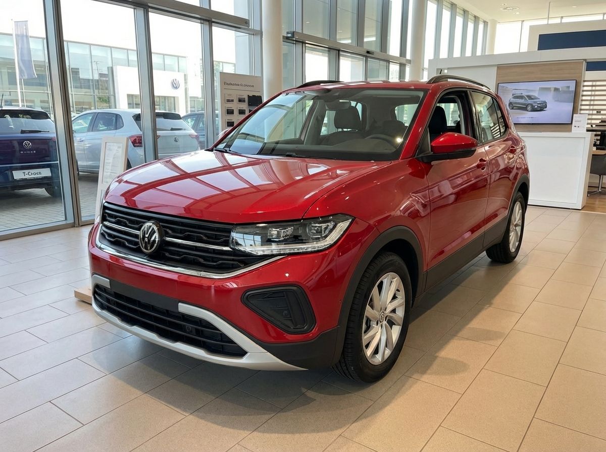 Roter Volkswagen T-Cross SUV im Autohaus Showroom, Frontansicht