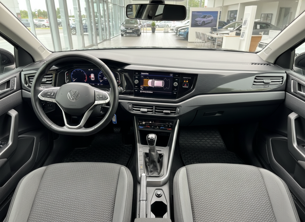 Volkswagen Innenraum mit digitalem Cockpit, Infotainment-Touchscreen und grauem Stoffinterieur