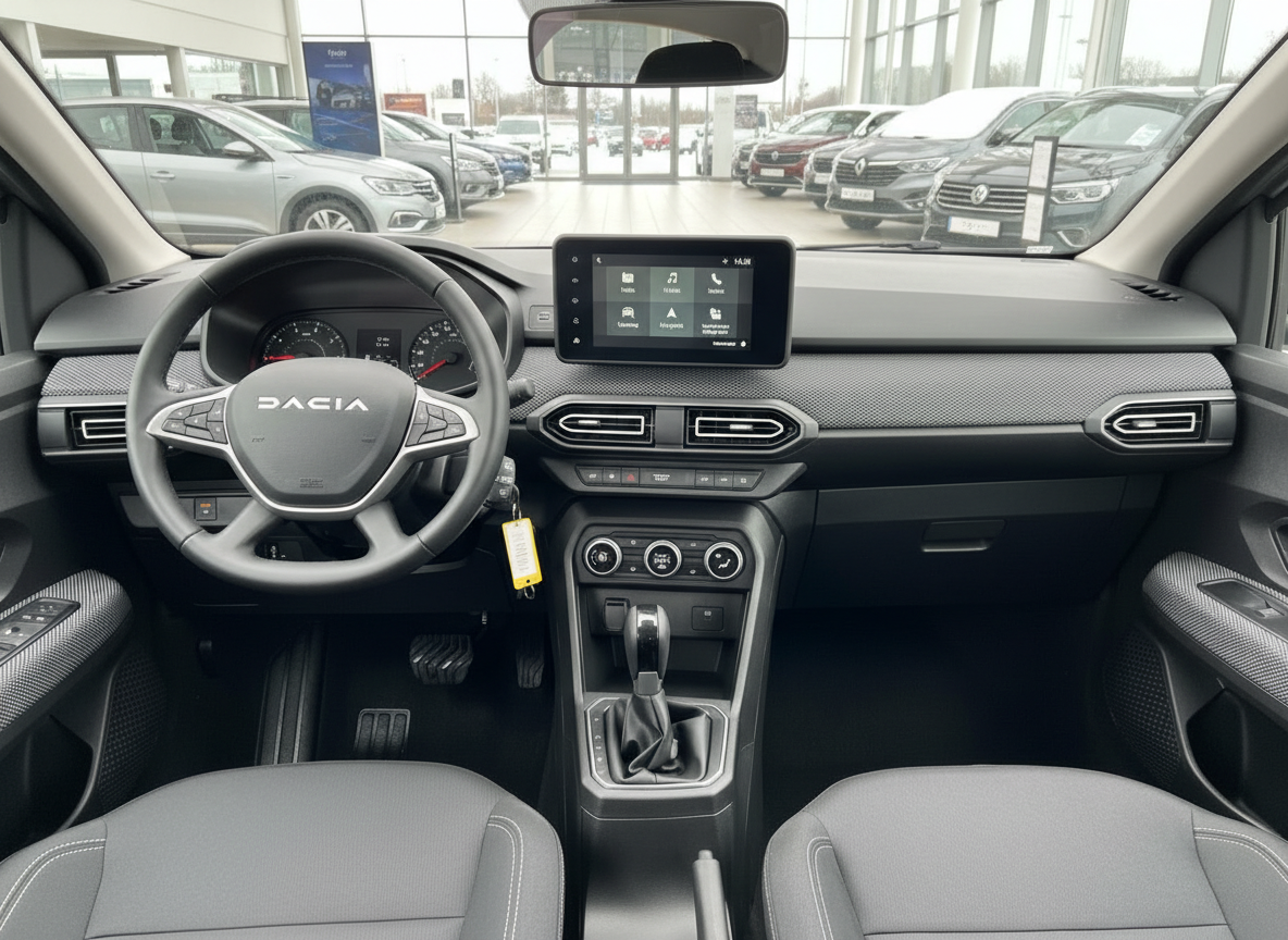 Dacia Innenraum Cockpit mit Touchscreen Automatikgetriebe und Lenkrad im Autohaus