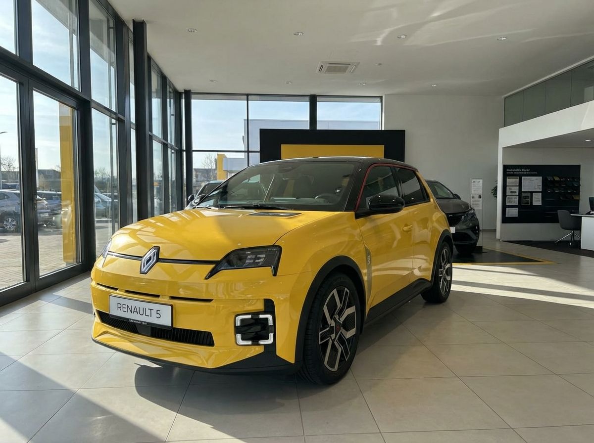 Gelber Renault 5 E-Tech Elektroauto im Showroom eines Renault Autohauses