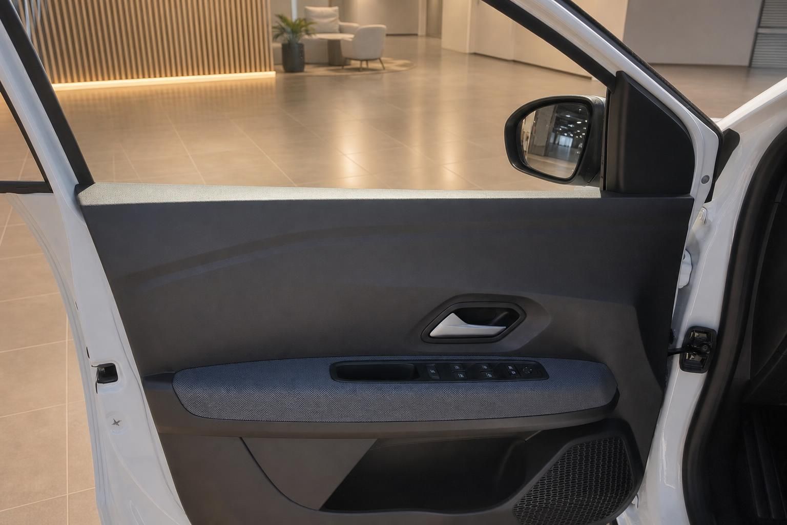 Dacia Fahrzeugtür innen geöffnet mit Türverkleidung, Fensterheber und Außenspiegel