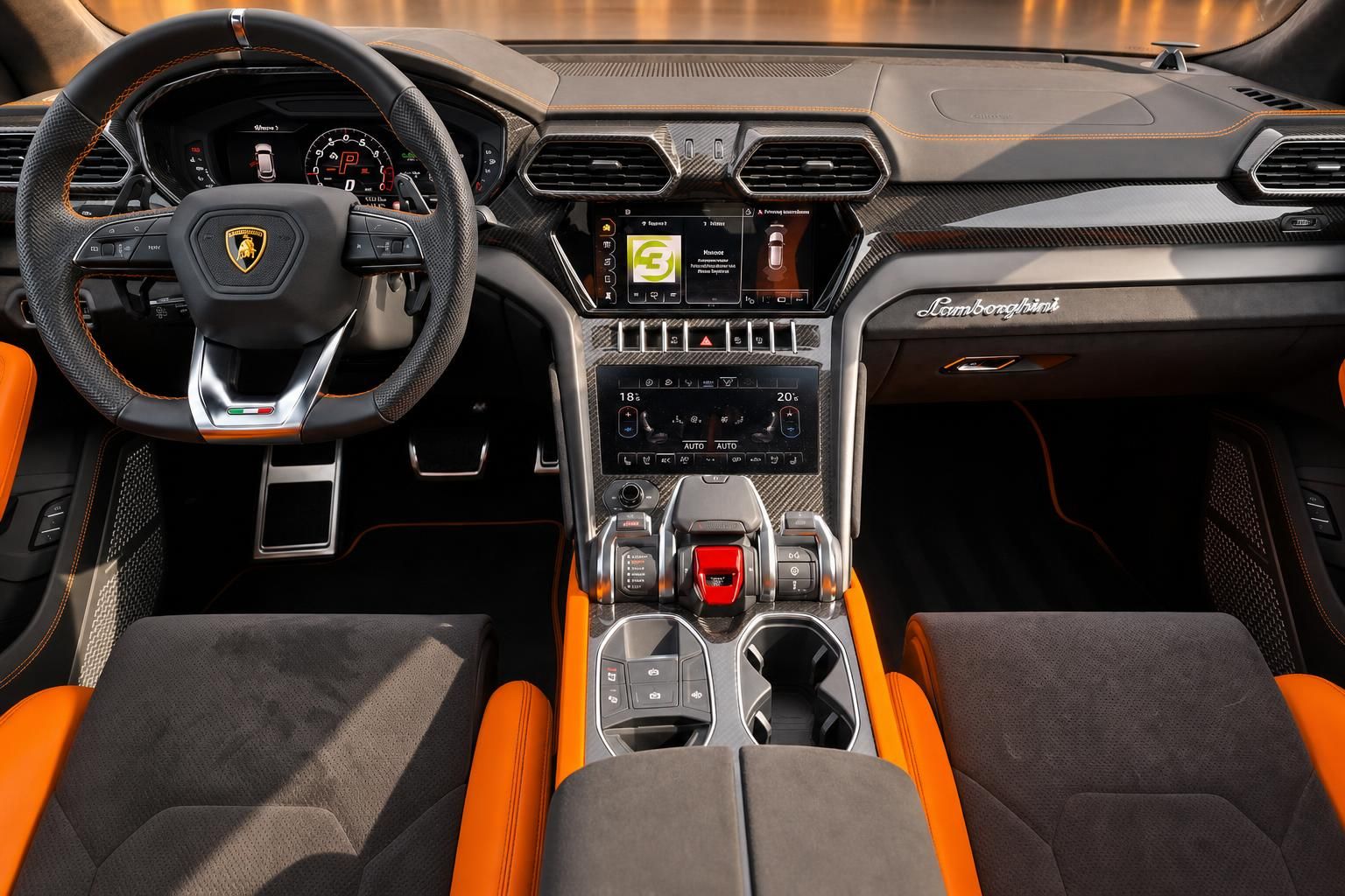 Lamborghini Urus Cockpit mit Carbon-Mittekonsole, Lenkrad und Doppel-Touchscreen in Orange-Schwarz