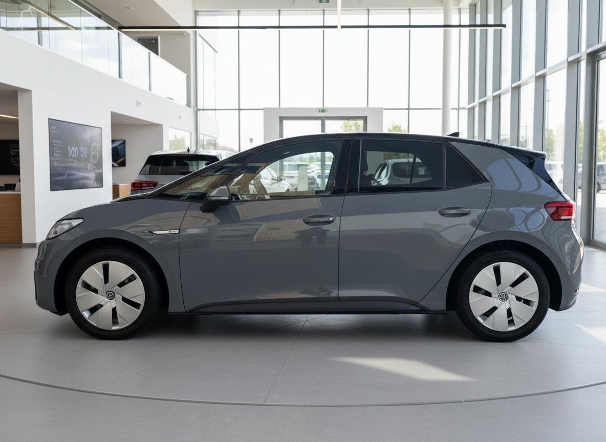 Volkswagen ID.3 grau Seitenansicht im Autohaus Showroom